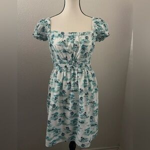 Tommy Jeans Women’s Puff Sleeve Shirred Waist Palm and Beach Print Moni Dress.